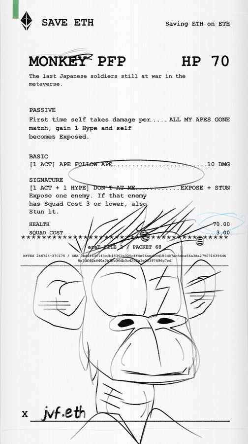 A character card for "Monkey PFP" featuring HP 70, abilities like "Ape Follow Ape" (10 DMG) and "Don't Ape Me" (Expose + Stun), with 68 out of 70 supply gone—reflecting the FWAIR drop 2 momentum where 390/1000 NFTs have already been purchased from the FWA pool.
