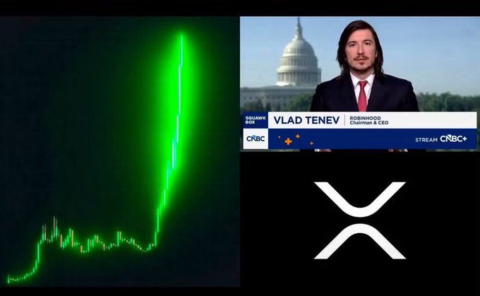 The image is a split-screen showing a green XRP price chart with a dramatic upward spike on the left, alongside a CNBC Squawk Box interview featuring Robinhood Chairman & CEO Vlad Tenev on the right, with the XRP logo displayed at the bottom. The post relates to Tenev's comments about an XRP "supercycle" poised to transform the financial system, visually reinforcing the bullish price action and the executive's endorsement of the cryptocurrency.