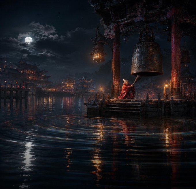 A fantasy digital artwork depicting a monk in red robes striking a large bell within an ornate Asian pavilion at night, illuminated by lanterns and moonlight over rippling water.