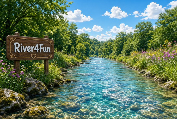 A scenic digital landscape featuring a clear turquoise river flowing through a lush green forest, with a wooden sign on the left reading 'River4Fun' adorned with a heart symbol.