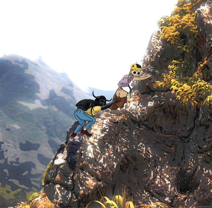 A woman pulls her reluctant dog (wearing a yellow beanie) up a steep rocky cliff, symbolizing the "pumping" effort of pushing a meme coin like $ANSEM to higher price levels—mimicking the post's call to swap the $200 SOL giveaway into the token.