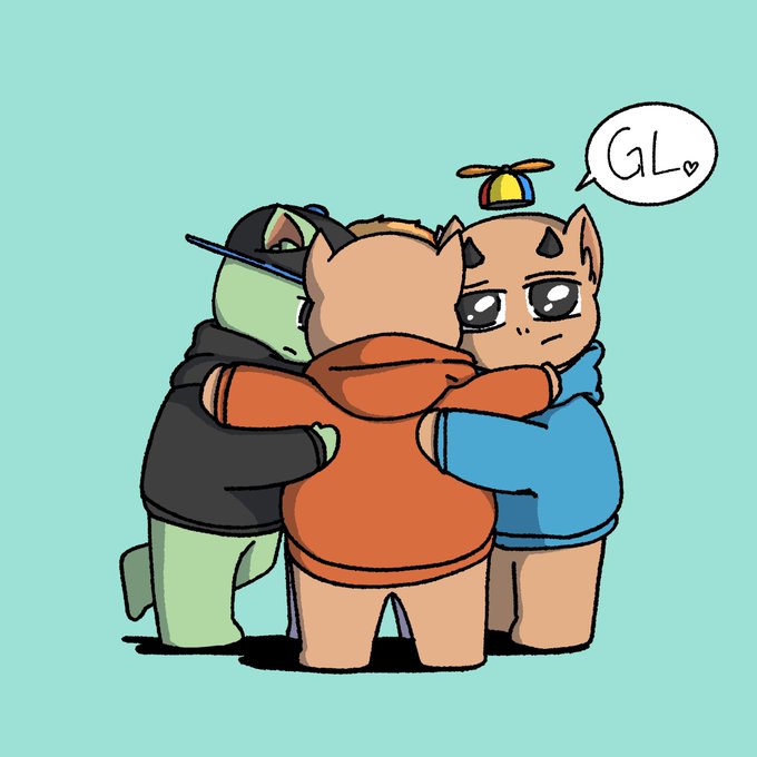 An illustration shows three cartoon characters in a group hug against a teal background, with a speech bubble saying "GL♥" next to a character wearing a propeller hat.