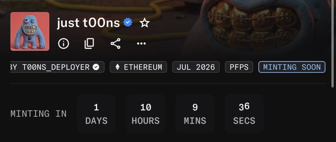 The image shows an NFT project page for "just t00ns" on Ethereum, with a minting countdown displaying 1 day, 10 hours, 9 minutes, and 36 seconds until launch. The blue monster avatar and "MINTING SOON" tag align with the post's excitement about tomorrow being the mint day for the free mint (FP).
