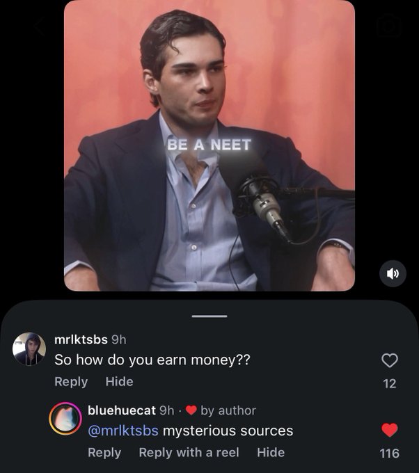A screenshot of an Instagram post featuring a man in a navy blazer with the text "BE A NEET" overlaid, accompanied by a comment exchange where user "mrlktsbs" asks "So how do you earn money??" and the author "bluehuecat" replies "mysterious sources" with 116 likes. The image humorously illustrates the post's theme of embracing unemployment while having an unknown income source, capturing the viral "mysterious sources" meme.