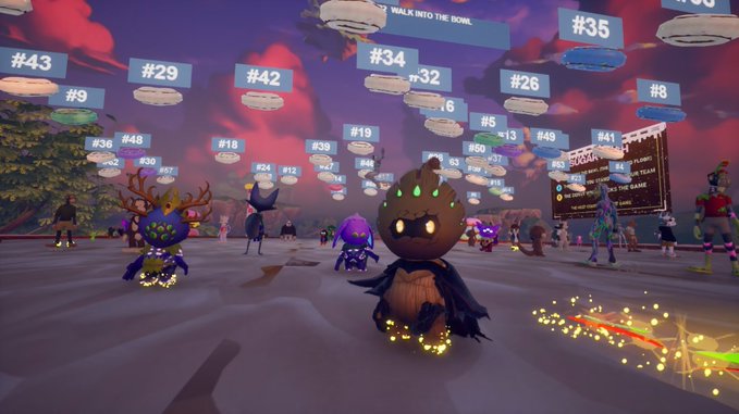 A vibrant video game scene showing cute, colorful monster characters gathered in a snowy landscape with numerous floating blue speech bubbles displaying hashtags like '#35', '#34', '#43', and '#9'.
