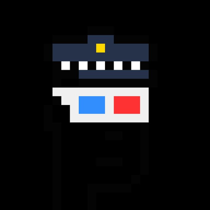 A pixel art illustration on a black background depicting a stylized character resembling Domo wearing a police-style hat with 3D glasses and a yellow badge.