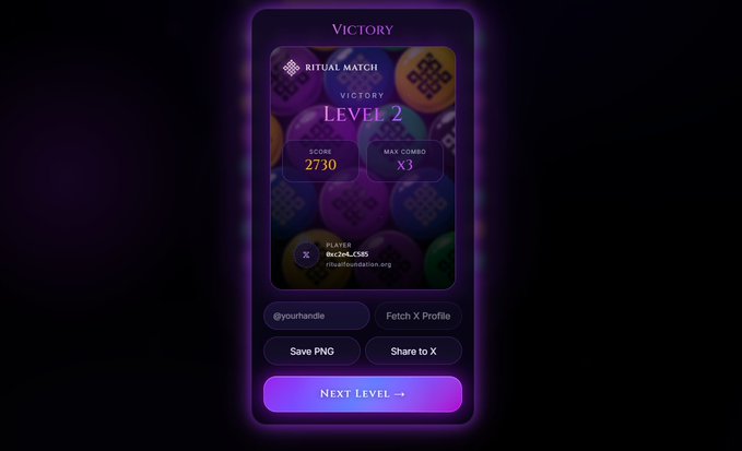 The image features a phone screen displaying a game called "Ritual Match" on the @ritualnet testnet platform, which has a nostalgic feel due to its Candy Crush-like gameplay. The user's score of 2710 points is displayed at Level 2, and they have already achieved this level in the game. There are also options for saving their progress and sharing it with others.