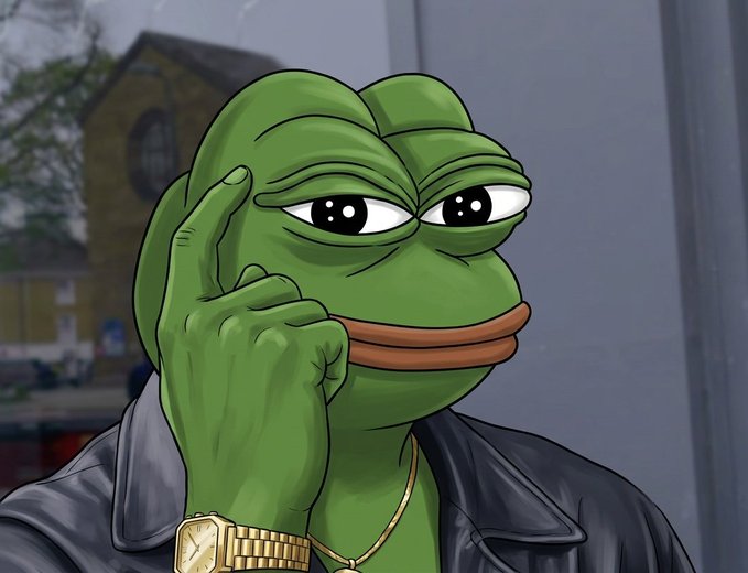 A digital illustration of the "Smart Pepe" meme character—a green Pepe the Frog wearing a gold watch and leather jacket, pointing to his temple with a smug, knowing expression. The image pairs with the post's joke by visually embodying the "big brain" genius move of buying crypto five years ago and merely breaking even, using Pepe's signature intellectual smirk to humorously frame a flat investment as a tactical victory.