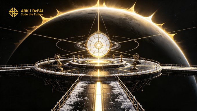 A futuristic space station floats above a sunlit planet, featuring a glowing central clock-like structure that symbolizes time, with the text "ARK | DeFAI - Code the Future" displayed in the corner, visually reinforcing the post's message about ARK's continuous momentum and forward-driving innovation through its Arkie AI App.