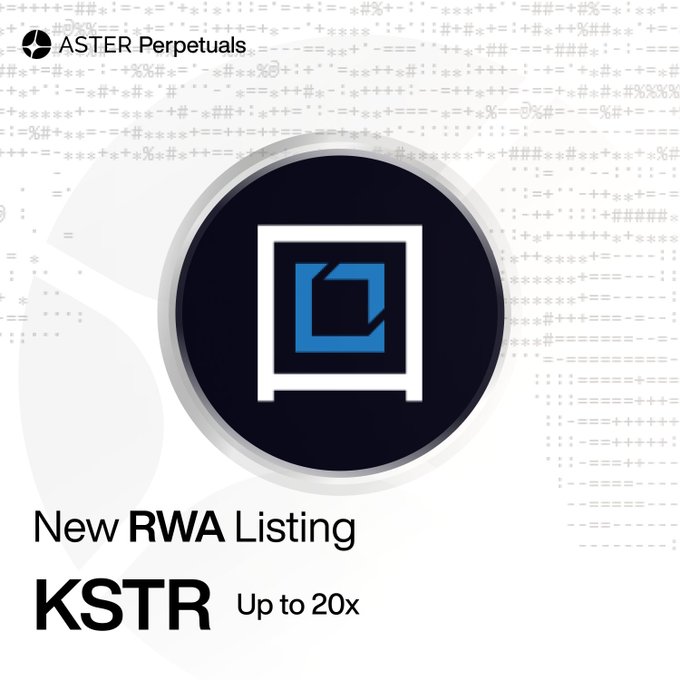 A promotional graphic from ASTER Perpetuals announcing a new Real World Asset (RWA) perpetual listing for KSTR (KraneShares SSE STAR Market 50 Index ETF), featuring the ASTER logo and offering up to 20x leverage.