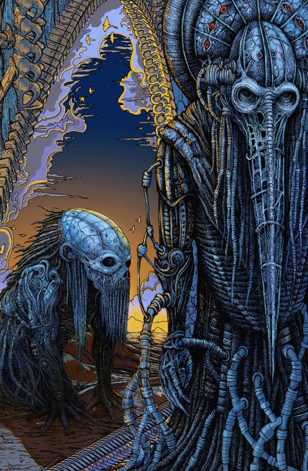 The image features a drawing of two monsters with long necks and tails, one of which has a skull on its head. The monsters are depicted in shades of blue and purple, giving them an otherworldly appearance. The background of the image is dark blue, providing a stark contrast to the vibrant colors of the monsters. The post includes text that reads "Love to see this collab from @No0where and @KarlTrewhelaArt - two artists I've been collecting, admiring for years. A match made in heaven, or rather in «Oblivion Parallax»."