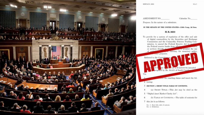The image depicts the U.S. Senate chamber superimposed with a document titled "H. R. 3633" and stamped "APPROVED," which refers to the "Digital Asset Market Clarity Act." This visually connects the legislative process with a potential bill impacting crypto markets.