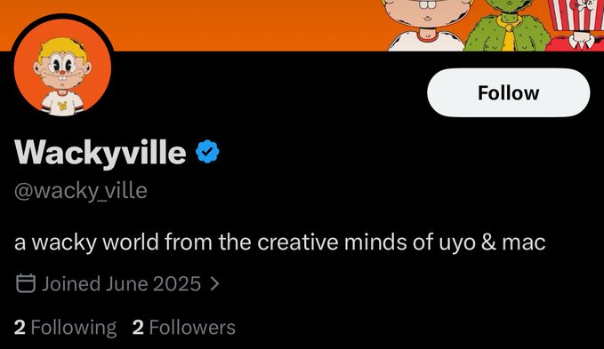 A Twitter/X profile screenshot of "Wackyville" (@wacky_ville), a verified account with the bio "a wacky world from the creative minds of uyo & mac," joined June 2025, showing 2 Following and 2 Followers. The profile aligns with the post promoting an early alpha NFT collection with a 111 supply launching in 5 days on ETH mainnet.