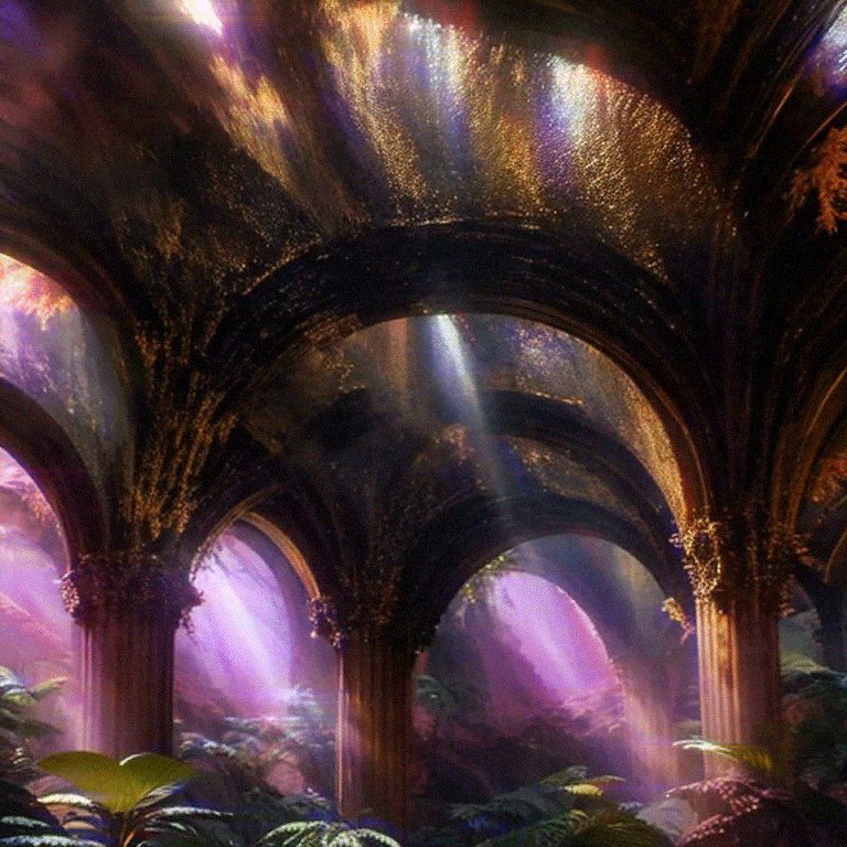 A fantastical, dreamlike scene shows ornate golden arches and columns within a mystical forest, with shafts of light filtering down through a glowing canopy onto lush foliage below. The image's ethereal, otherworldly atmosphere complements the post's description of an LPP NFT artwork by wndrr featuring a 768x768px GIF on the objkt marketplace.