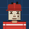 A pixel art character with a white face, red bow, and red shirt against a dark blue background.