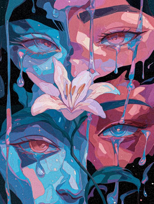 The image features a painting of three eyes, each with a different color - blue, pink, and purple. The eyes are surrounded by water droplets, giving them a tear-like appearance. The background of the painting is black, which contrasts with the vibrant colors of the eyes and the white flower in the center. The post that accompanies this image reads: "We share the same pain Only 2 editions left 6 xtz".