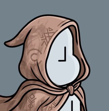 An illustration of a cloaked figure with a clock face where the head would be, wearing a brown hooded robe with runic patterns on a gray background.