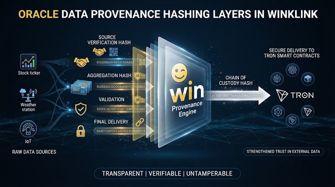 A technical diagram titled 'ORACLE DATA PROVENANCE HASHING LAYERS IN WINLINK' illustrating data flow from sources like stock tickers and weather stations through the Win Provenance Engine to TRON smart contracts.