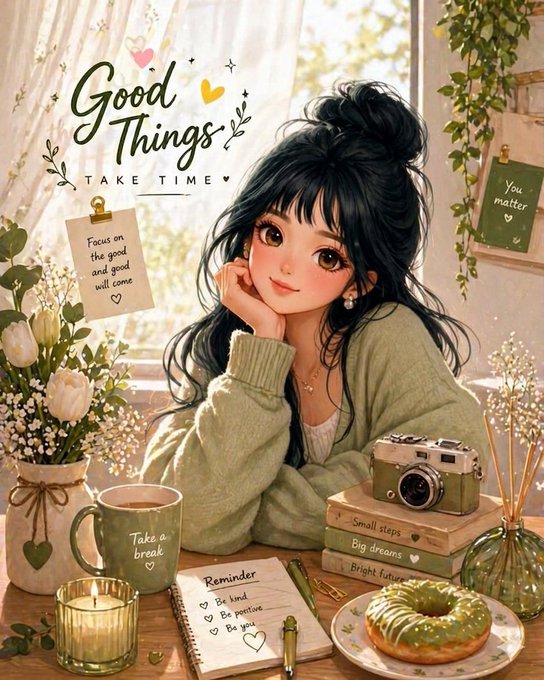 The image features a girl sitting at a table with various items, including a cup of coffee, donuts, flowers, books, and a camera. The girl appears to be enjoying her time as she looks at the camera while holding a book or notebook in front of her. The caption on the post reads "Good Things Take Time" which is related to the girl's presence in the image.