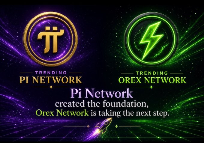 The image displays two trending crypto logos against a cosmic background—Pi Network (purple/gold π emblem) and Orex Network (green lightning bolt emblem)—with text declaring "Pi Network created the foundation, Orex Network is taking the next step," visually positioning ORX as the successor evolution to PI within the broader project narrative.