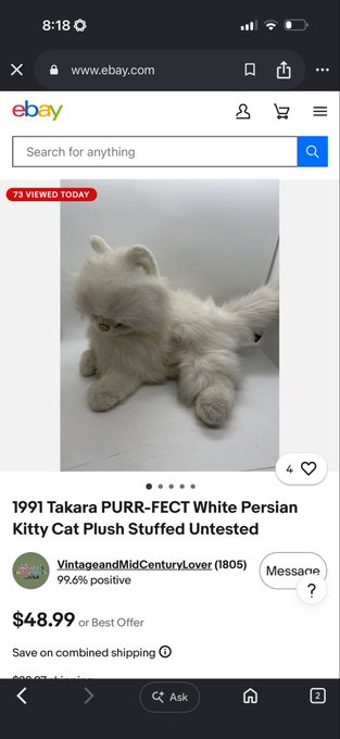 An eBay listing for a "1991 Takara PURR-FECT White Persian Kitty Cat Plush Stuffed Untested" is shown for $48.99, with the post humorously suggesting the cat's name would be $PURR-FECT, matching the token ticker.