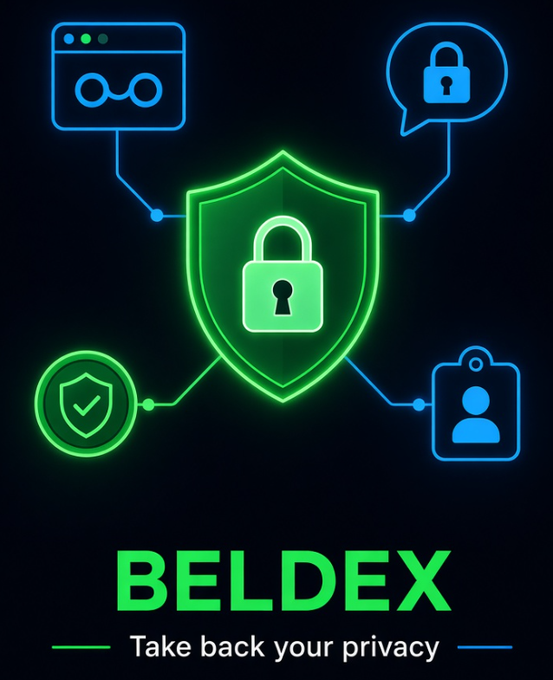 A promotional graphic for BELDEX with the tagline 'Take back your privacy,' featuring a central green shield with a padlock icon connected to icons representing encrypted browsing, secure messaging, verified protection, and user identity.