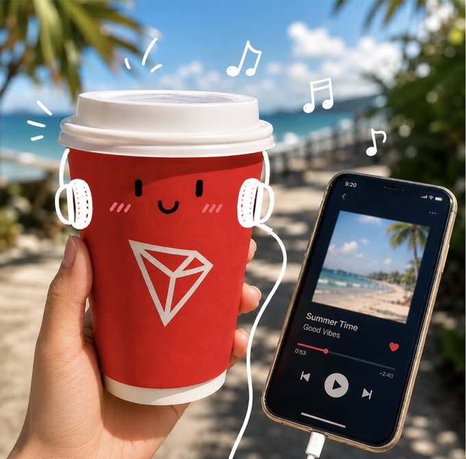 A kawaii-style red coffee cup character with the TRON logo, wearing headphones and connected to a smartphone playing 'Summer Time' by Good Vibes at a beach setting.