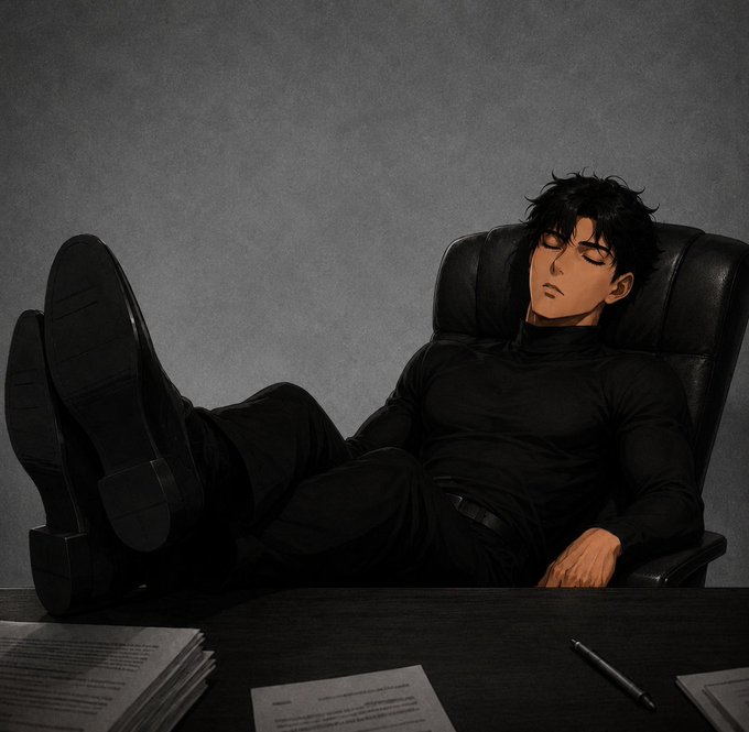 An anime-style illustration of a young man with dark hair sleeping with his feet propped up on a desk, wearing a black turtleneck and boots, with papers and a pen scattered on the desk.