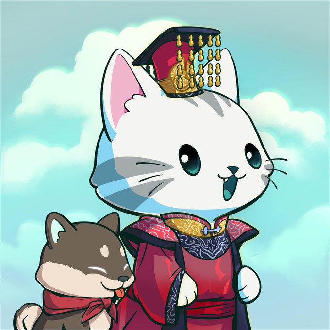 A chibi-style illustration shows a white cat wearing an ornate Chinese imperial hat and red robes, standing next to a small smiling brown and white dog wearing a red scarf against a cloudy sky background.