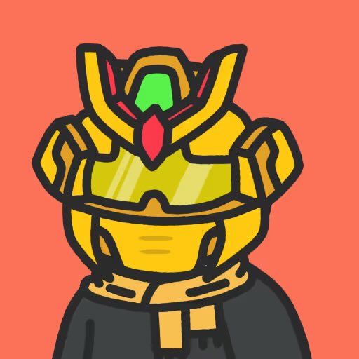A cartoon-style illustration features a figure wearing an ornate yellow and green samurai-style helmet with a red crest, paired with a black jacket, set against a coral background. The image likely represents the community builder or project founder (@ChiefNeckbone_) mentioned in the post, emphasizing the warrior-like dedication to growing the P3NGSNFT community.