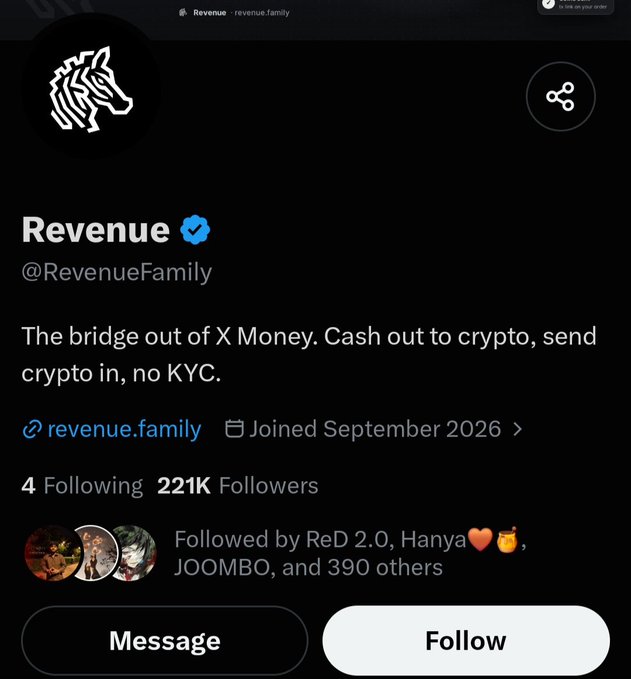 A Twitter/X profile for 'Revenue' (@RevenueFamily) with a blue verification checkmark, describing itself as 'The bridge out of X Money. Cash out to crypto, send crypto in, no KYC,' showing 221K followers and a website link to revenue.family.