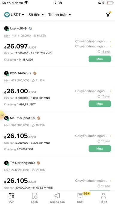 A Vietnamese cryptocurrency exchange app showing USDT (Tether) prices around 26,097-26,105 VND with various sellers listed.