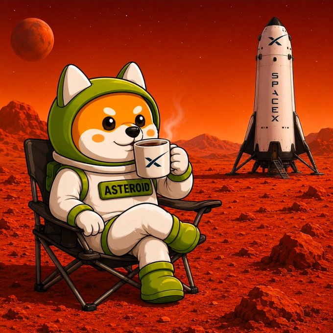 A cartoon Shiba Inu astronaut in a green-and-white spacesuit labeled "ASTEROID" sits in a camping chair sipping coffee from an "X" branded mug on the red Martian surface, with a SpaceX rocket and a planet visible in the background. The image playfully depicts the "$ASTEROID" token enjoying a relaxed morning on Mars, matching the "Good Morning from $ASTEROID" post.