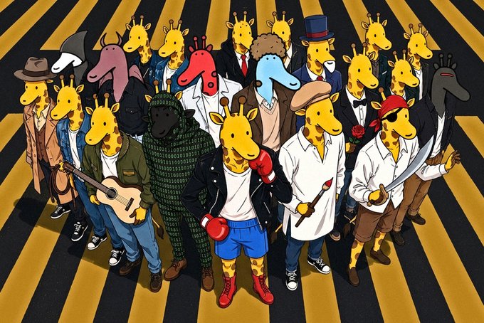 A colorful illustration of a group of anthropomorphic giraffes dressed in various outfits including suits, boxing gloves, and a cowboy hat, standing on yellow and black striped ground.