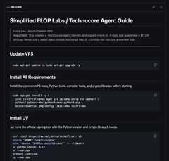 The image displays a GitHub README guide titled "Simplified FLOP Labs / Technocore Agent Guide" by mztacat, detailing steps for setting up an AI agent identity on Solana, including updating VPS, installing requirements with "curl -fsSL https://install.python-poetry.org | python3," installing UV, and configuring the agent with $FLOP token swap settings—directly supporting the post's mention of the $FLOP airdrop setup process.