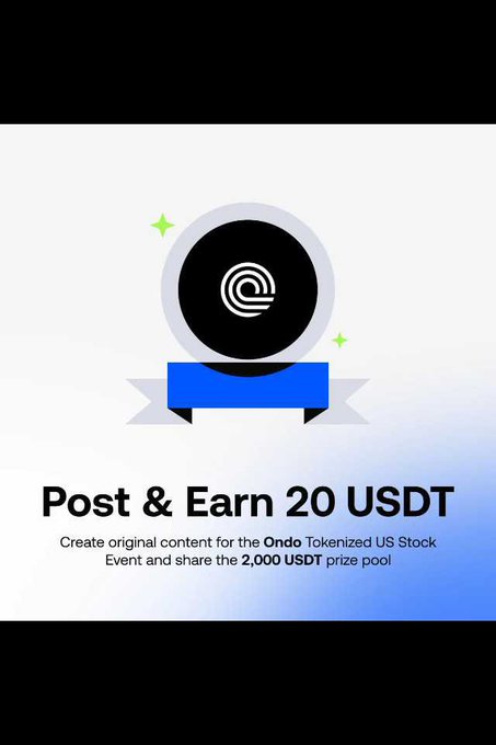 A promotional graphic featuring the Ondo logo on a ribbon banner invites users to "Post & Earn 20 USDT" by creating content for the Ondo Tokenized US Stock Event, sharing a 2,000 USDT prize pool. The image complements the post by highlighting a small-scale content creation reward within Ondo's larger tokenized stock trading campaign offering 100,000 USDT in rewards.