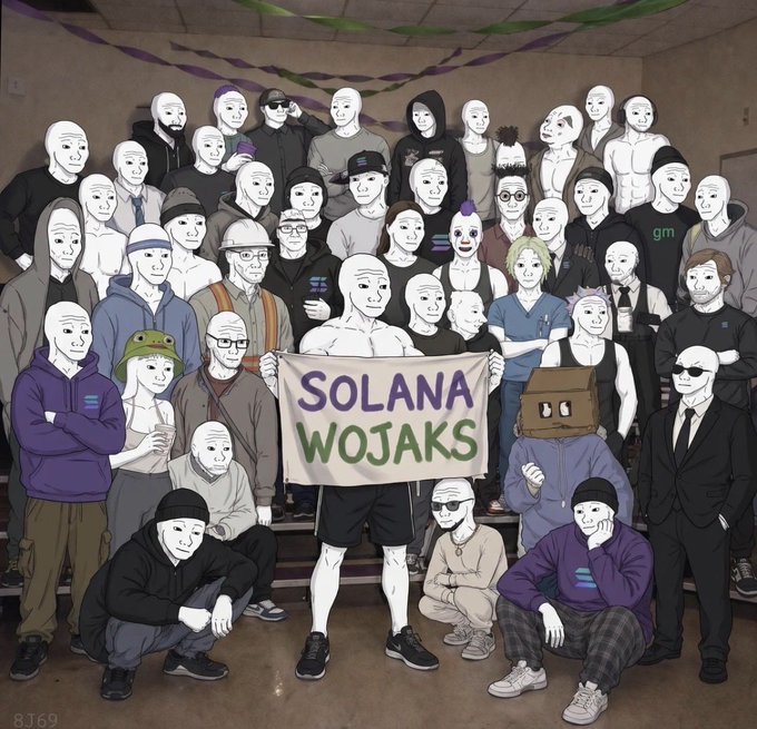 An illustration of a large group of Wojak meme characters posing together in a gymnasium, with the central figure holding a banner that reads 'SOLANA WOJAKS'.