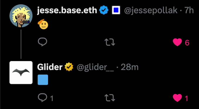 A screenshot of a Twitter/X exchange between @jessepollak (jesse.base.eth) and @glider__ (Glider), where jessepollak responds with a thinking emoji to Glider's reply, garnering 6 likes on the initial tweet and 1 like and 1 reply on the follow-up—hinting at a potential collaboration between BASE and Glider involving Coinbase tokenized stocks.