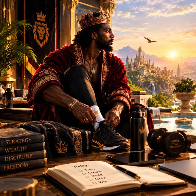 A digital illustration of a king wearing a red robe and crown, tying his shoelaces, with books labeled 'Strategy, Wealth, Discipline, Freedom', dumbbells, a water bottle, and a to-do list visible, with a fantasy castle in the background.