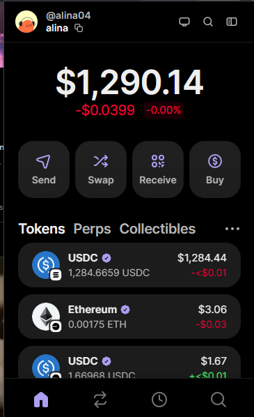 The image shows a crypto wallet screenshot from user @alina04 (alina) displaying a balance of $1,290.14, primarily held in USDC ($1,284.44) with smaller amounts in Ethereum ($3.06) and USDC ($1.67). The screenshot appears to be used as proof of funds to support a giveaway promotion asking users to follow @alina_XBT, like, retweet, and comment their SOL wallet for a chance to win.