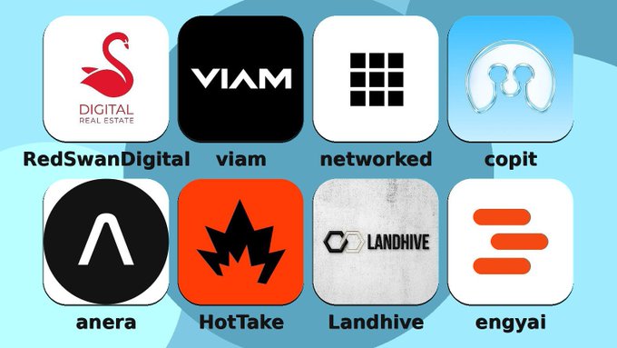 A grid of eight app icons on a light blue background with the names: RedSwanDigital (with a swan logo and 'Digital Real Estate'), viam, networked, copit, anera, HotTake, Landhive, and engyai.