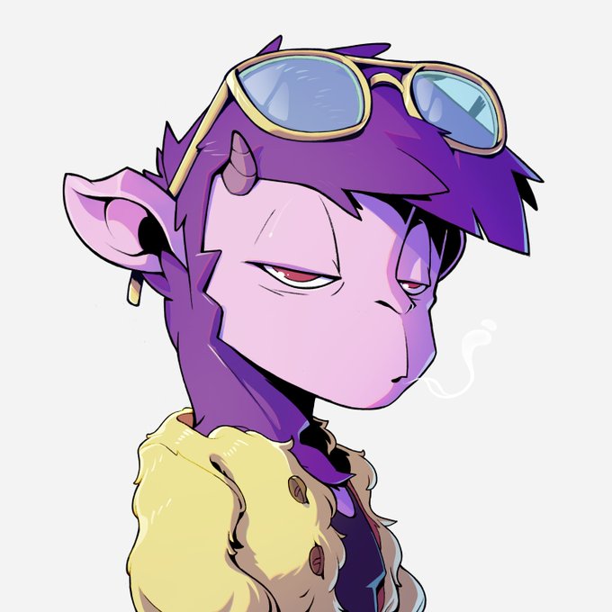 A purple, anthropomorphic character with a unibrow, horns, and round sunglasses smirks confidently while wearing a fuzzy yellow jacket, with a wisp of smoke curling from their mouth—styled in the distinctive art of ZaXaSa27, whose live drawing session in Discord is being announced.