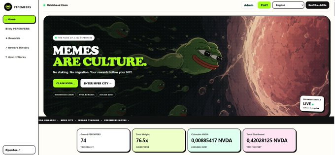 A screenshot of the Pepemers website shows a banner reading 'MEMES ARE CULTURE' featuring a Pepe the Frog character near a red planet, with NFT mint buttons and market data showing a Total Volume of 76.5x NVDA.