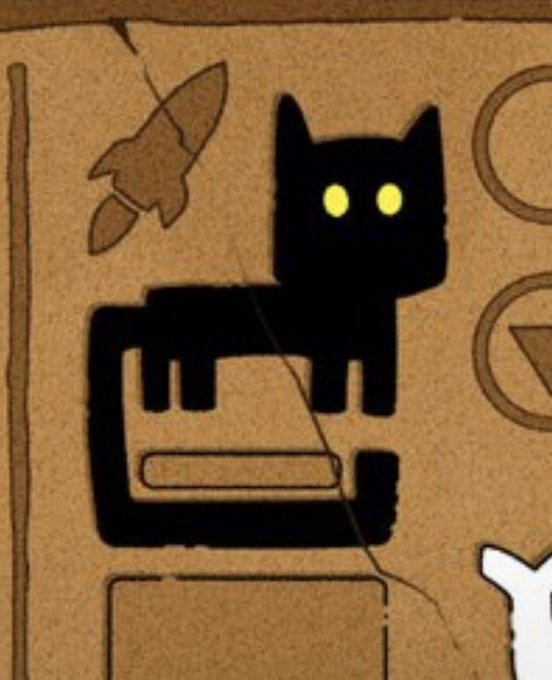 A cardboard sign featuring a black silhouette of a cat with glowing yellow eyes sitting on a chair, surrounded by coffee and rocket doodles.