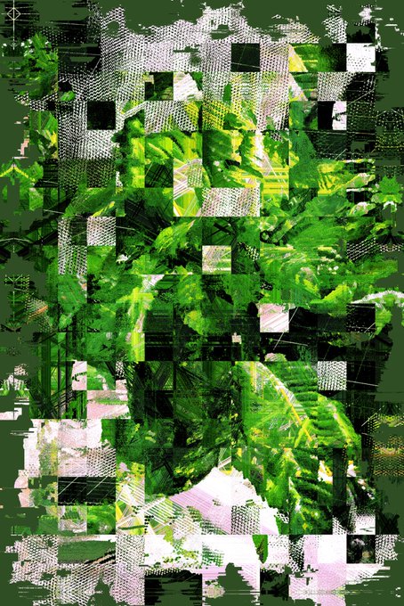 A heavily pixelated, glitch-art digital composition featuring green foliage and pink flowers overlaid with checkerboard patterns and pixel distortion effects, displayed against a dark green background. The distorted, nature-based aesthetic fits the "Live on @objktcom" post, as such abstract digital art is commonly sold as NFTs on the Objkt marketplace.