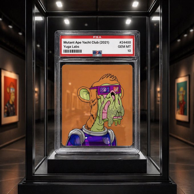A PSA-graded trading card displayed in a glass case, titled 'Mutant Ape Yacht Club (2021)' from 'Yuga Labs' (#24400, GEM MT 10), featuring a cartoon illustration of a green ape wearing sunglasses and a spacesuit.