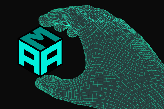 A glowing cyan wireframe hand pinches a teal cube displaying the letters "MH" (stylized as an isometric logo), symbolizing the holding or extraction of value.

The image visually represents the "gem" airdrop opportunity for the AMA Protocol project mentioned in the post, with the wireframe hand grasping the project's branded cube logo to emphasize the idea of seizing a promising Layer 1 blockchain investment opportunity designed for AI agents.
