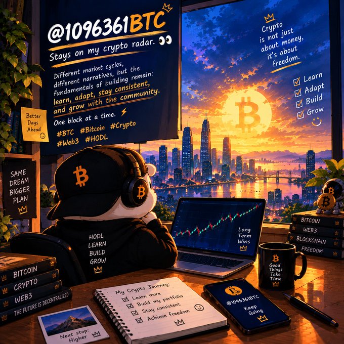 **@1096361BTC** artwork showing a hooded figure wearing a Bitcoin cap viewing charts, with text 'Stays on my crypto radar' and 'Crypto is not just about money, it's about freedom.'