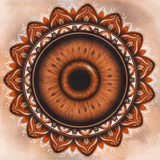 An intricate mandala design centered around a large, stylized brown eye with a black pupil, surrounded by layered orange and white petal patterns.