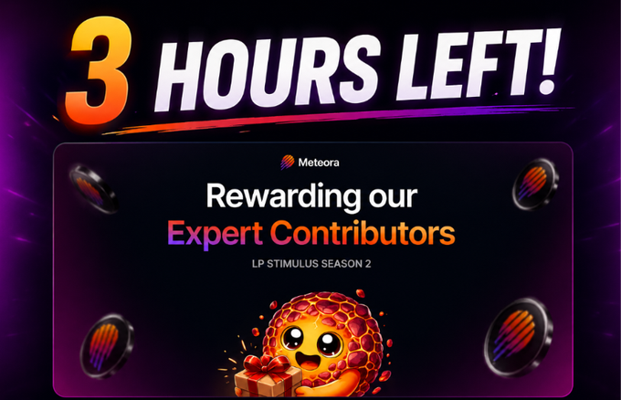 A promotional graphic displays '3 HOURS LEFT!' and 'Rewarding our Expert Contributors' for 'Meteora LP STIMULUS SEASON 2' with a cartoon character holding a gift.